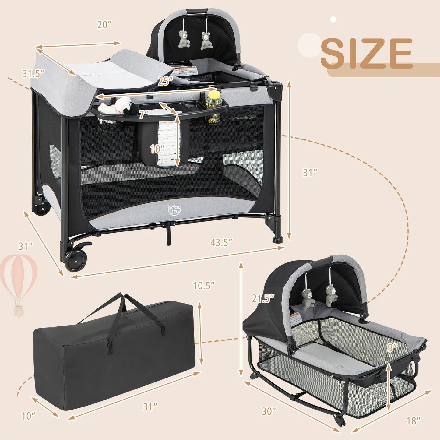 5 in 1 Portable Baby Playard Nursery Center W/ Cradle & Storage Basket