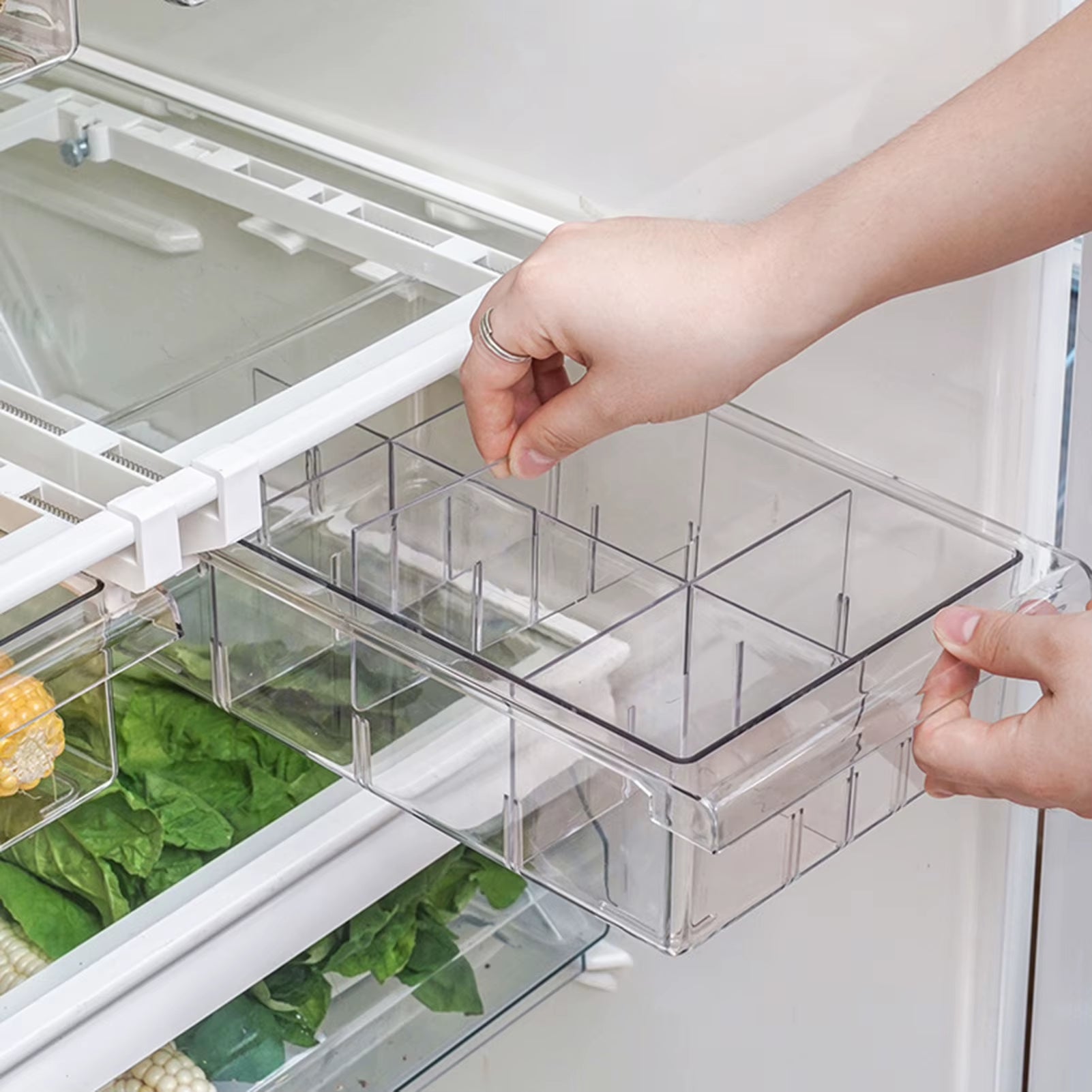 1/4/8 Compartment PET Refrigerator Drawer Organizer Bin Transparent Fridge Storage Bin Containers for Pantry Freezer