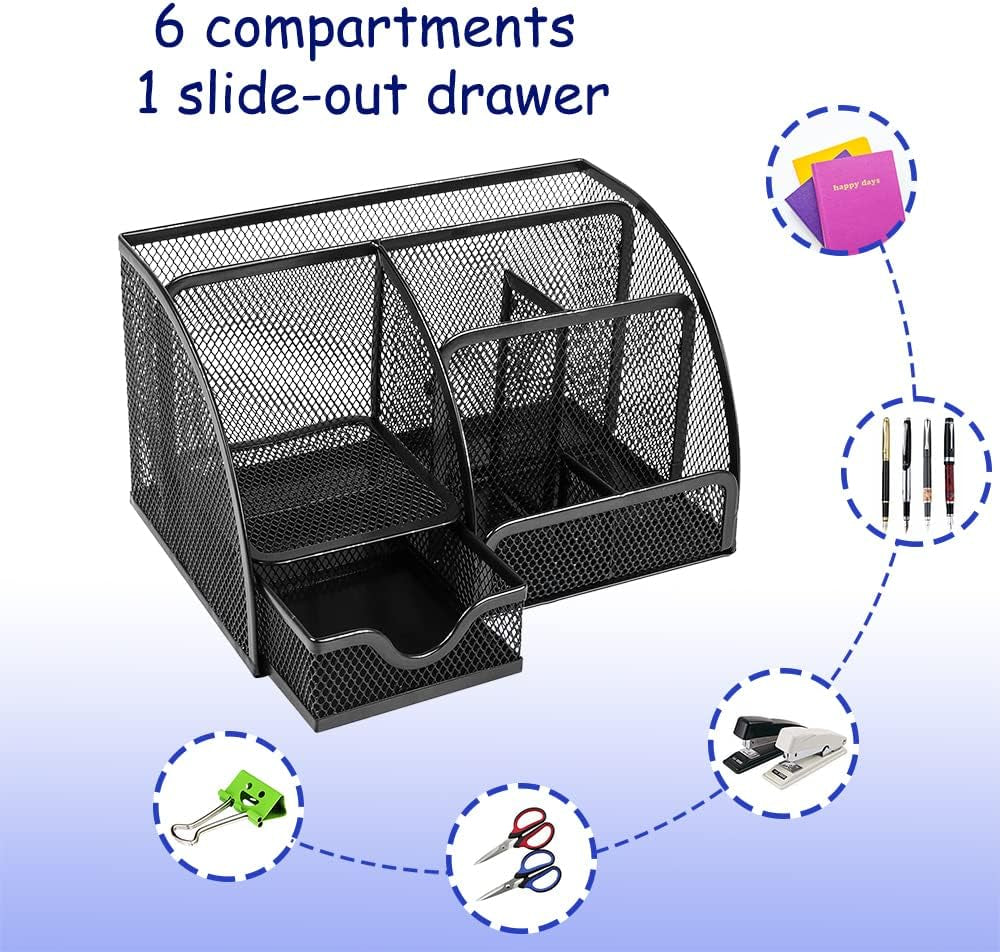 Desk Organizer Pen Holder with 6 Compartments and 1 Drawer,Office Supply Organizer for School,Office Supplies and Desk Accessories, Small Desk Organizer Black