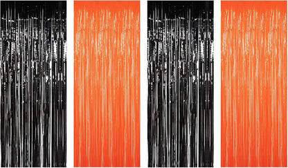 Halloween Party Decoration Black and Orange Foil Fringe Curtains, 4PCS 3.28 X 8.2FT Tinsel Door Curtains Photo Booth Backdrop for Halloween Party Wedding Birthday Baby Shower