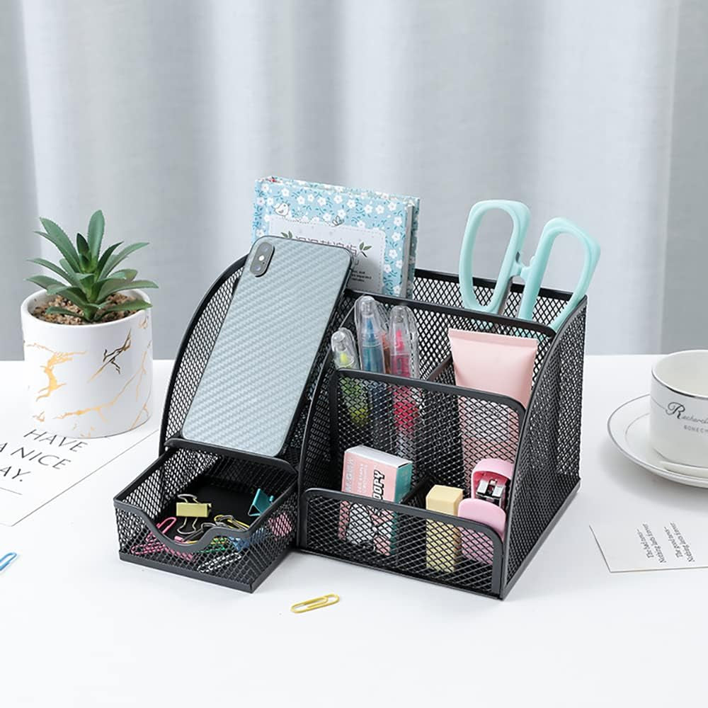 Desk Organizer Pen Holder with 6 Compartments and 1 Drawer,Office Supply Organizer for School,Office Supplies and Desk Accessories, Small Desk Organizer Black