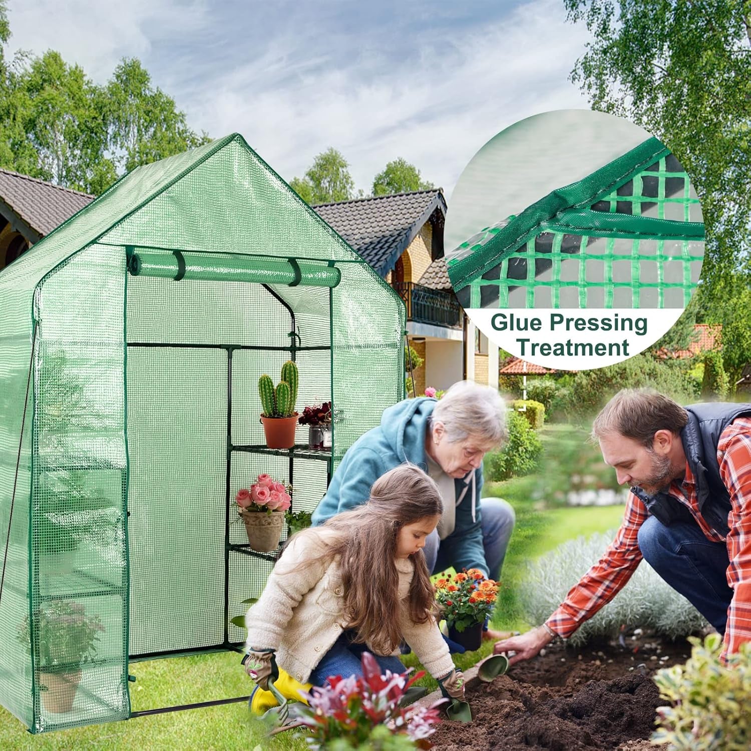 Greenhouse, Walk-In Green House with PE Cover and Roll-Up Zipper Door, 3 Tiers 4 Shelves, Indoor Outdoor Greenhouse for Plants, Herbs, Flowers-4.7’X2.4’X6.4’