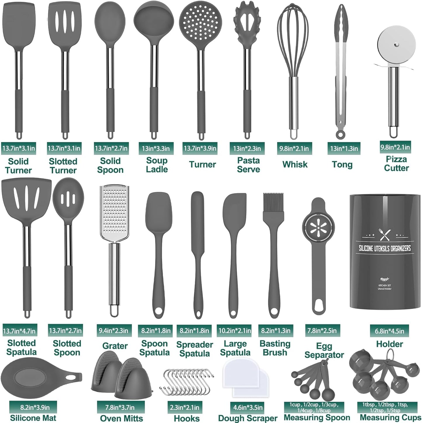 Silicone Kitchen Cooking Utensil Set, 43 Pcs Silicone Spatula with Stainless Steel Handle, Non-Stick Heat Resistant - Best Cookware (Grey)