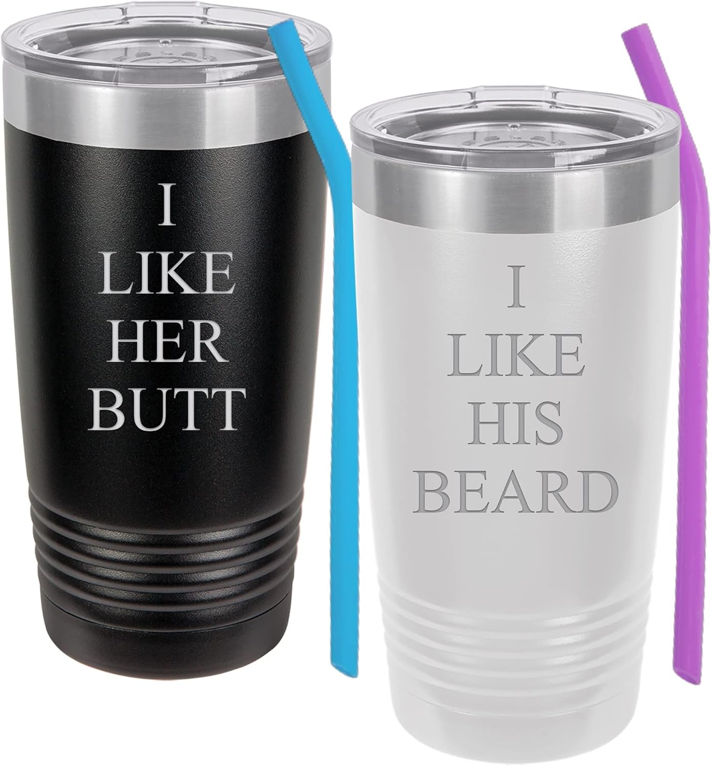 I like His, I like Her Stainless Steel Tumbler Set with Silicone Straws and Lids Wedding Engagement Gifts for Husband, Wife, Bride, Groom, Anniversary, Black and White (20 Ounce Set)