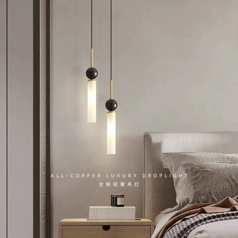 Italian Minimalist All Copper Bedroom Bedside Chandelier, Luxurious Marble Master Bedroom, Minimalist Living Room, Background Wa