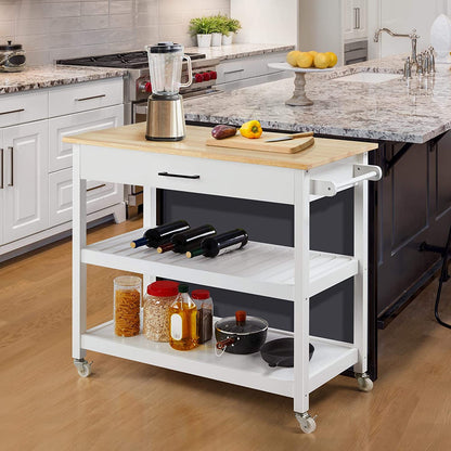 40" Width Kitchen Island Cart on Wheels, 3 Tiers Rolling Utility Cart with Solid Wood Top and Drawer & 2 Spacious Storage Shelf, Serving Trolley for Dining Room, White