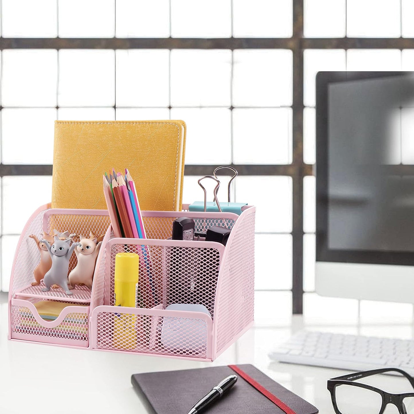 Desk Organizer Office Accessories, Multi-Functional Mesh Desk Organizer with 6 Compartments and 1 Drawer for Home, Office, School, Workshop, Kitchen (Pink)