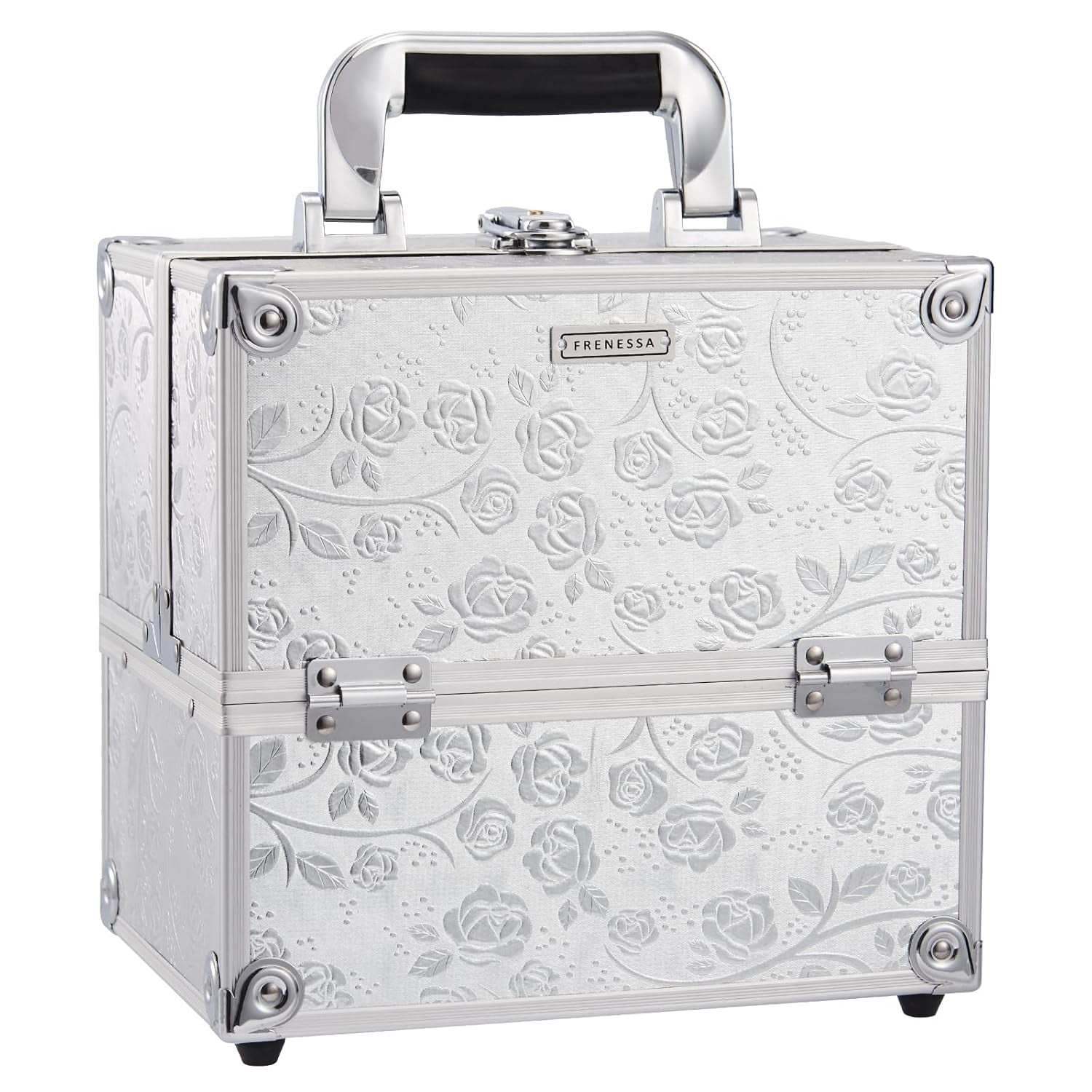 Makeup Train Case Portable Cosmetic Box Organizer 4 Trays Aluminum Makeup Case Storage with Divider Lockable for Makeup Artist, Crafter, Makeup Tools Elagant Silver Rose