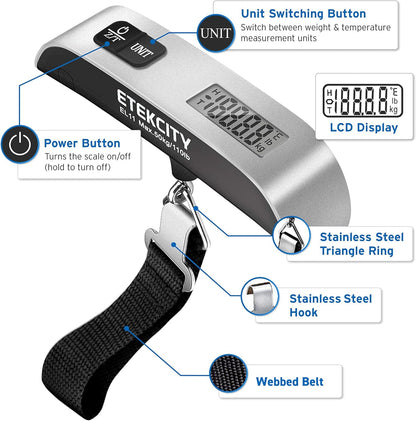 Luggage Scale for Travel Essentials, Digital Suitcase Weight Scale with Hook, Travel Accessories for Portable Hanging Baggage, 110 Pounds, Battery Included