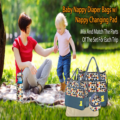 Baby Diaper Bag Tote Set, 5Pcs Baby Nappy Diaper Bags for Mom and Dad with Nappy Changing Pad Insulated Pockets, Grey