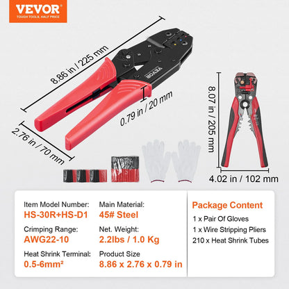 Juego de herramientas de crimpado con trinquete VEVOR para conectores eléctricos aislados AWG22-10 con pelacables y 210 tubos termorretráctiles Alicates de crimpado con trinquete que ahorran trabajo 